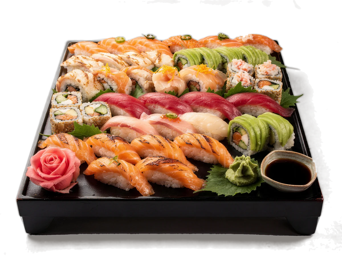 An omakase-style sushi board of salmon, tuna and yellowtail nigiri with avocado and crab rolls, ginger and wasabi, seen from a high angle